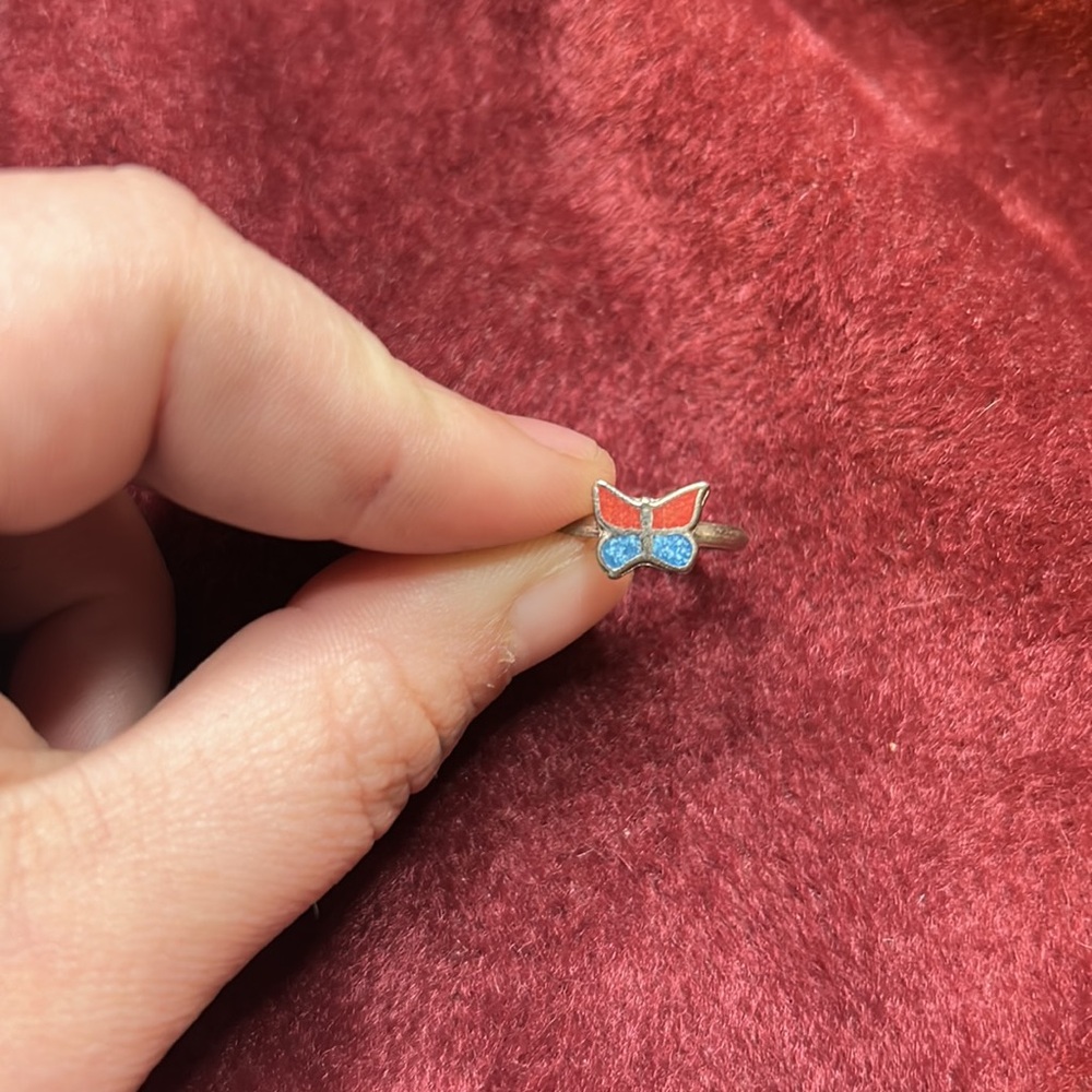 *RARE* VINTAGE SILVER TURQUOISE & CORAL BUTTERFLY RING 1980’s BUTTERFLY RING